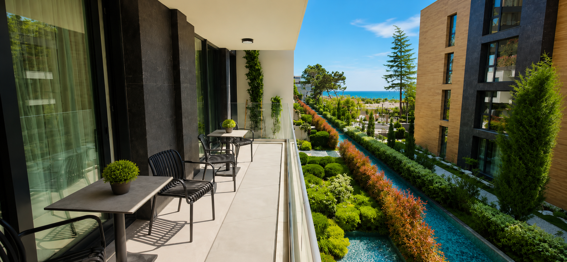 Balkon Terrasse im Azur Panorama mit Gartenanlage und Meerblick