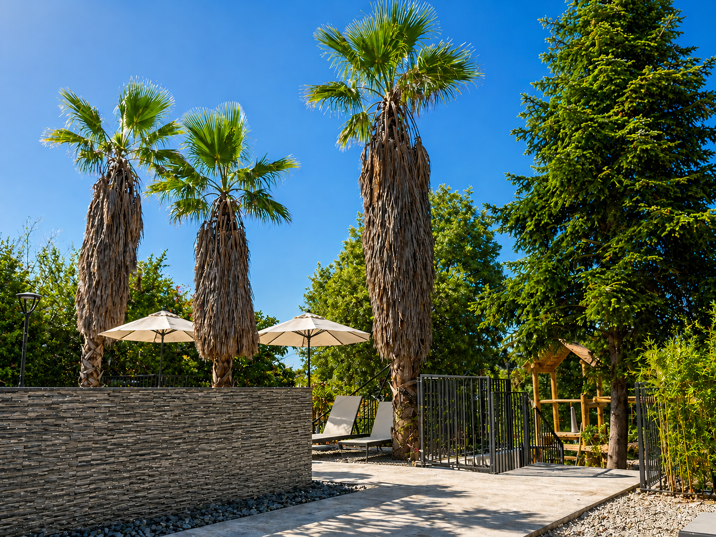 Grüne Gartenanlage mit Palmen im Azur Panorama Resort