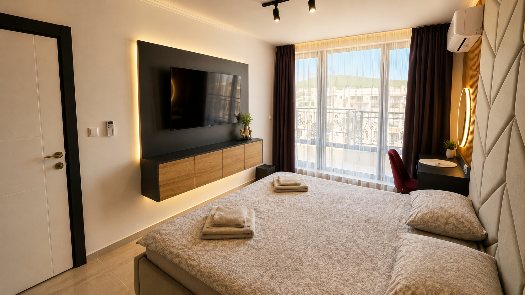 Modernes Schlafzimmer mit TV-Wand im Emperium Appartement
