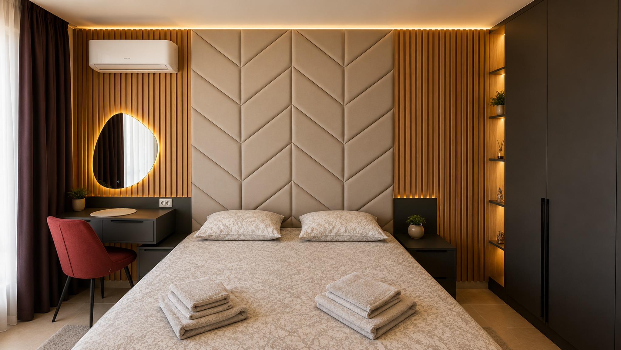 Elegantes Schlafzimmer mit goldener Akzentwand im Emperium Appartement