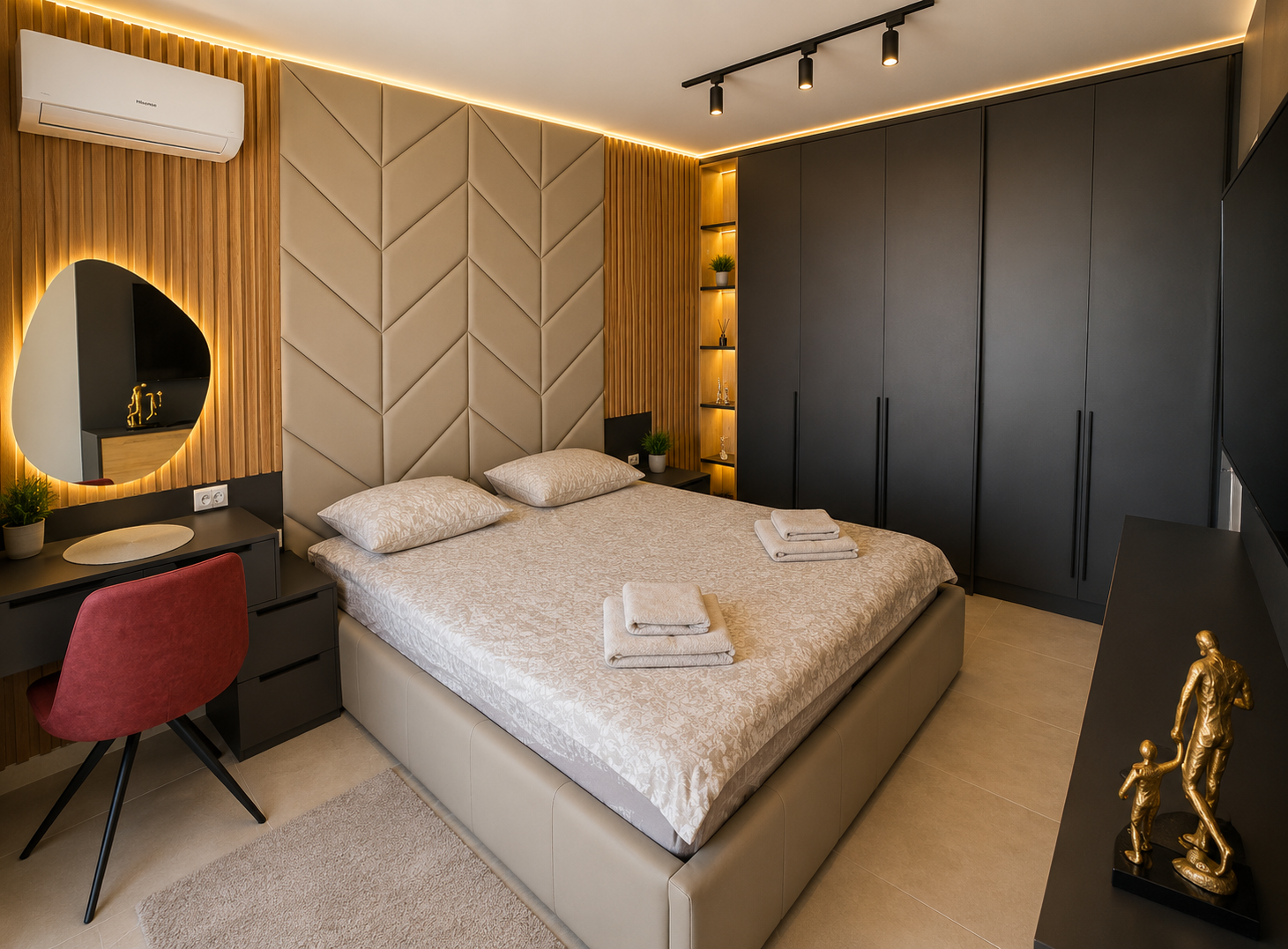 Schlafzimmer mit Spiegel und Schminktisch im Emperium Appartement